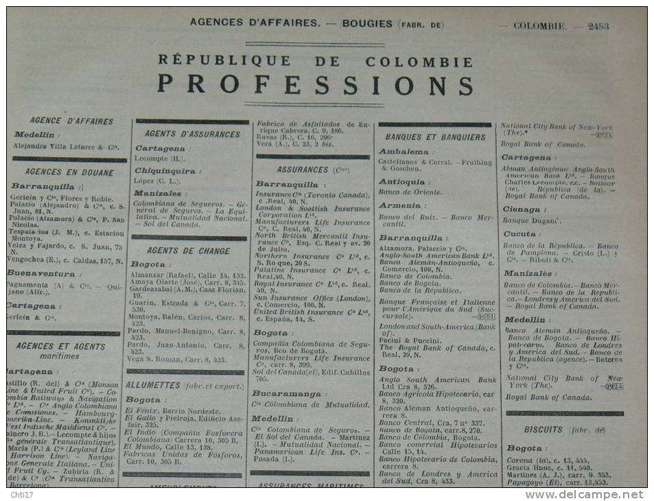 COLOMBIE BOGOTA EQUATEUR QUITO   EXTRAIT ANNUAIRE  PROFESSIONS 1934 INDUSTRIELS COMMERCES ET METIERS - Telephone Directories