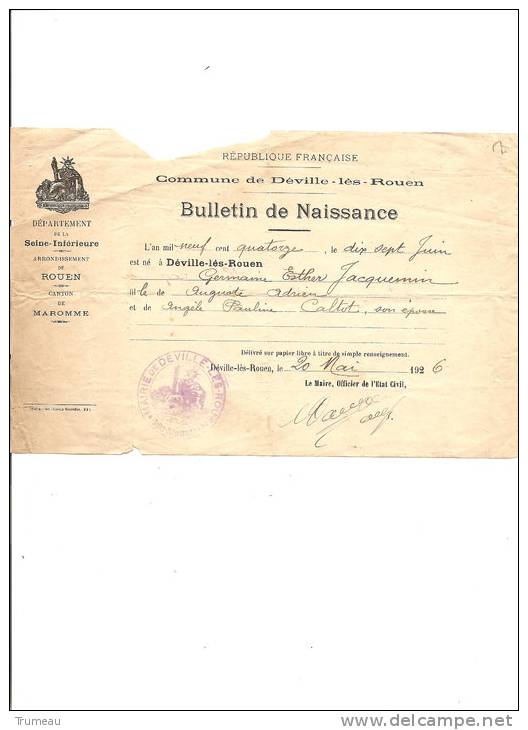 DEVILLE LES ROUEN - BULLETIN DE NAISSANCE JACQUEMIN -1926 - Birth & Baptism