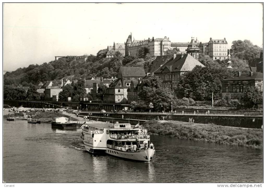 AK Pirna, Schiff, Elbe Mit Schloß Sonnenstein, Gel, 1976 - Pirna