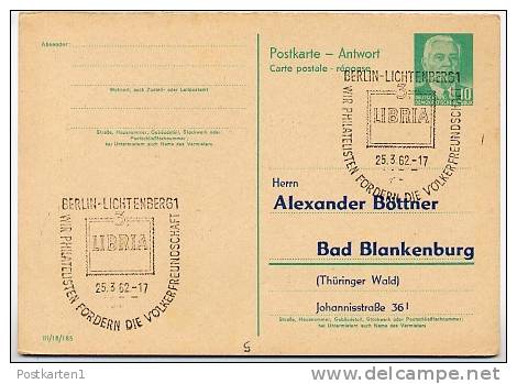 Sost. 3. LIBRIA BERLIN-LICHTENBERG 1962 Auf DDR P70IIA Antwort-Postkarte ZUDRUCK BÖTTNER #1 - Privatpostkarten - Gebraucht