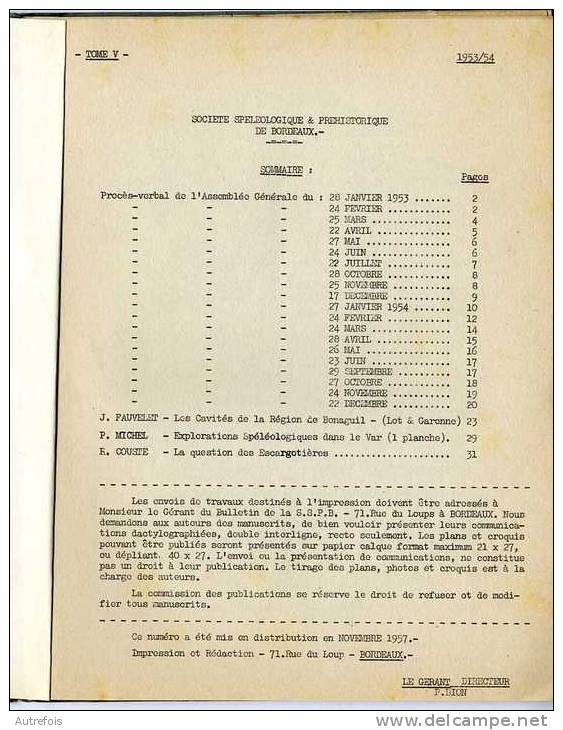 SOCIETE SPELEOLOGIQUE  ET PREHISTORIQUE DE BORDEAUX 1953-54 TOME V - Archäologie