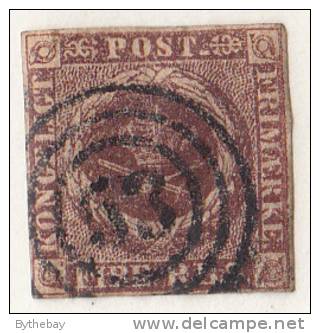 Denmark Used Scott #2 4rs Royal Emblems, Brown Cancel: 3-ring 53 - Crease - Oblitérés