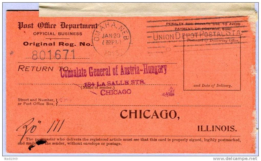 Registry Return Receipt Omaha Chicago 1913 Consulat Austria  (300) - 1901-20