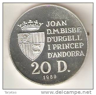 MONEDA DE PLATA DE ANDORRA DE 20 DINERS AÑO 1989 DE LAS OLIMPIADAS DE BARCELONA 1992 (VELA) SILVER-ARGENT - Andorre