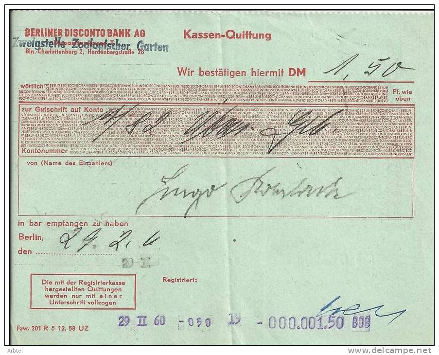 ALEMANIA DOCUMENTO BANCARIO BERLINER DISCONTO BANK 1960 - Banque & Assurance