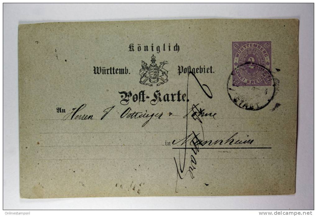 Germany: Württemberg, Postkarte, Mi P18 Rotweol  To Mannheim, 1874 - Interi Postali