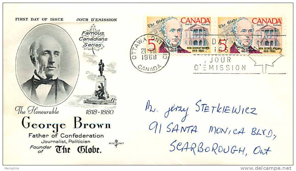 1968  George Brown, Newspaperman  Sc 484 Pair On RoseCraft Cachet - 1961-1970