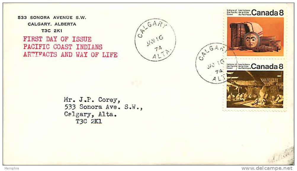 1973  Pacific Coast Indians  Sc 570-1 Se-tenant Pair Corey Corner Card  Calgary AB Datestamp Cancel - 1971-1980