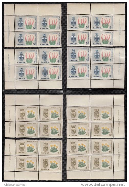 Canada 1964 Flowers and Arms, full set, corner plate blocks, plate #1, mint no hinge (see desc), Sc# 417-429A