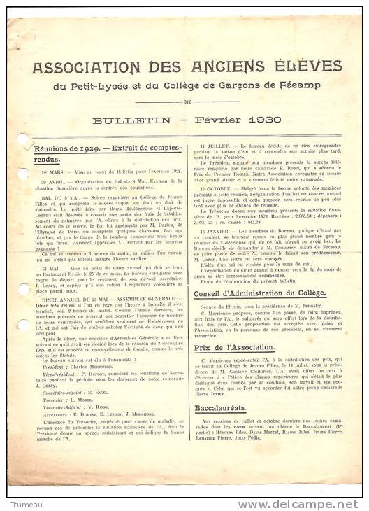 FECAMP-BULLETIN DE L´ASSOCIATION DES ANCIENS ELEVES DU PETIT LYCEE ET DU COLLEGE DE GARCON DE FECAMP-FEVRIER 1930 - Diplômes & Bulletins Scolaires