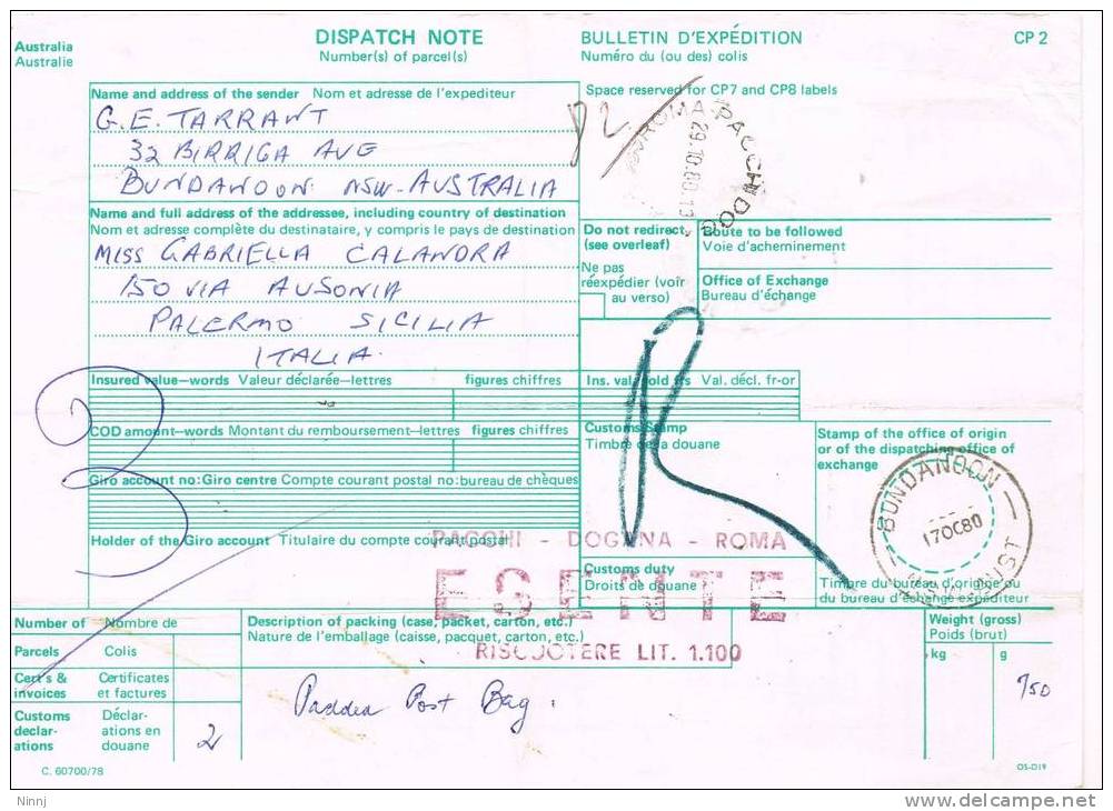 975- Storia Postale 9.12.80  Bollettino Di Spedizione Sicilia/Australia Affr. Pacchi X £. 800 + 2 X £. 150 - Brieven En Documenten