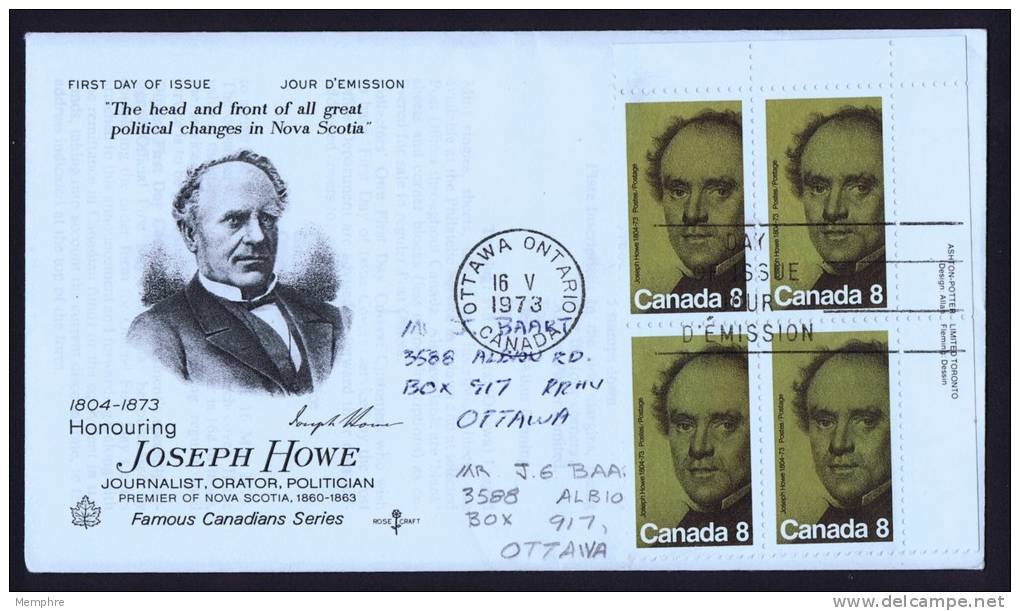 1973  Joseph Howe Sc 616 UR Plate Block RoseCraft Cachet - 1971-1980