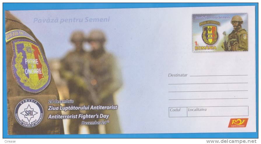 Antiterrorist Fighter's Day  Romania Postal Stationery Cover 2012 - Police - Gendarmerie