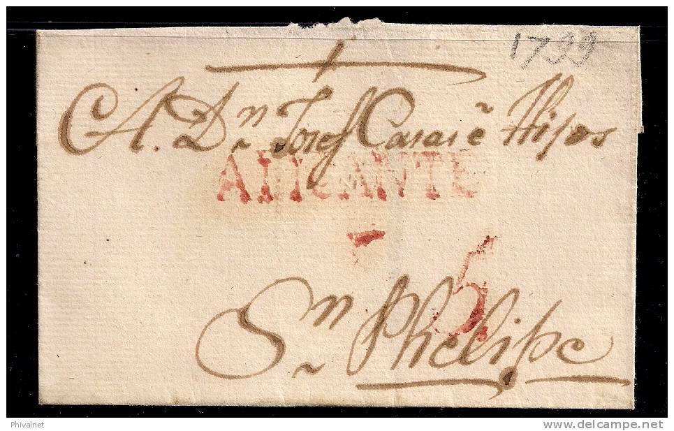 1799, ENVUELTA PREFILATÉLICA, MARCA "ALICANTE" EN COLOR ROJO. - ...-1850 Prephilately