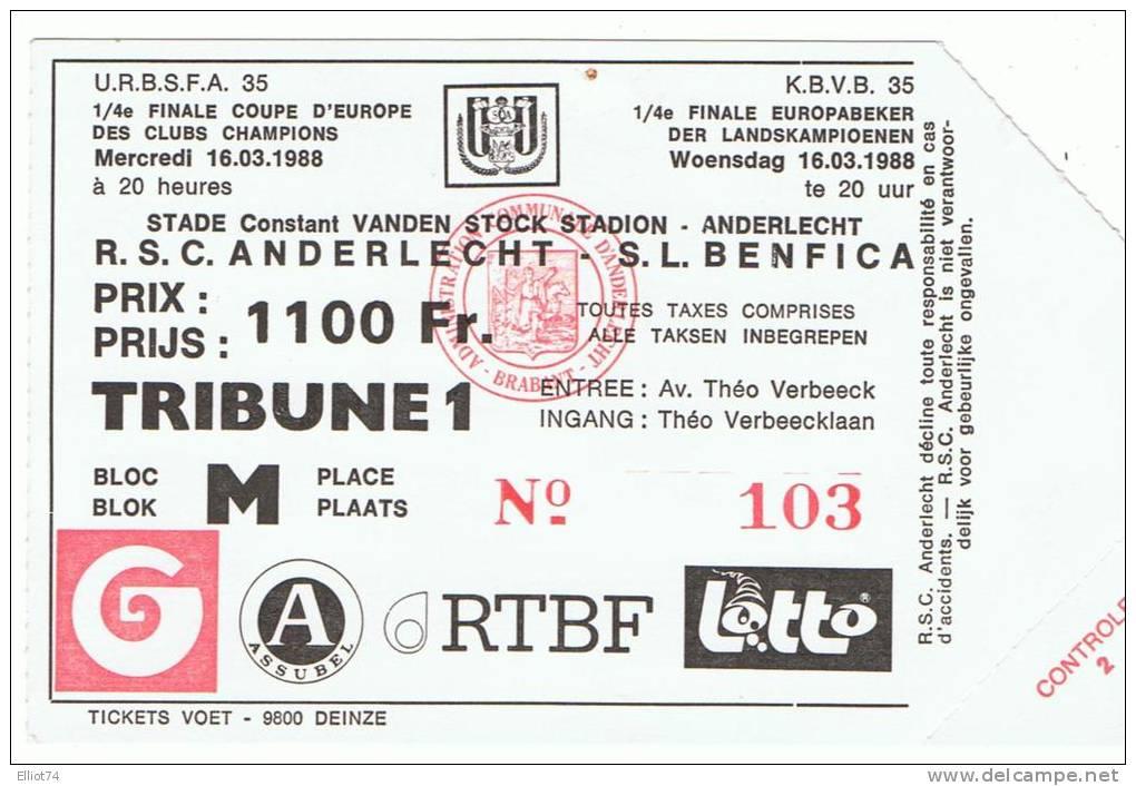 RSC ANDERLECHT - SL BENFICA 1988 - COUPE EUROPE CLUBS CHAMPIONS (Ticket Football) - Eintrittskarten