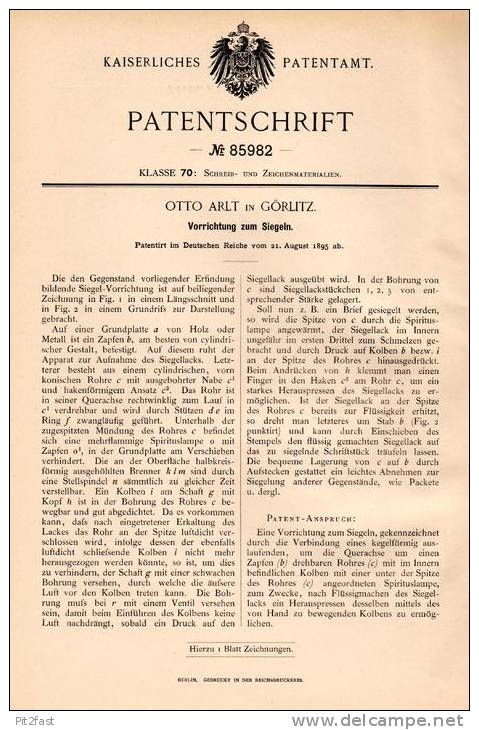 Original Patentschrift - Otto Arlt In Görlitz , 1895 , Apparat Zum Siegeln , Siegel , Siegellack !!! - Seals