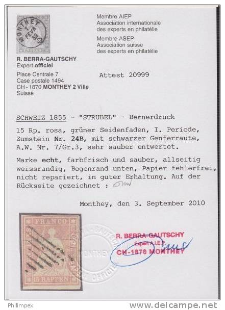 SWITZERLAND, 15 RAPPEN STRUBEL 25B, USED WITH LOZENGE FROM GENEVA, CERTIFICATE BERRA - Used Stamps