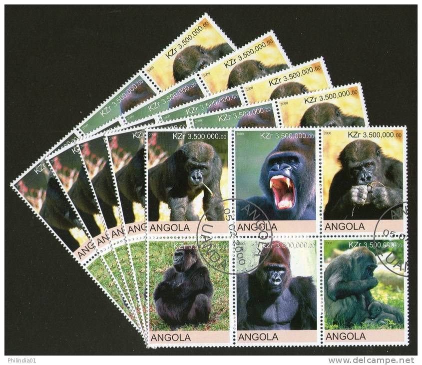 Angola 2000 Monkey Gorilla Wild Life Animal Fauna Setenant BLK/6 Cancelled X5 # 13495 - Gorillas