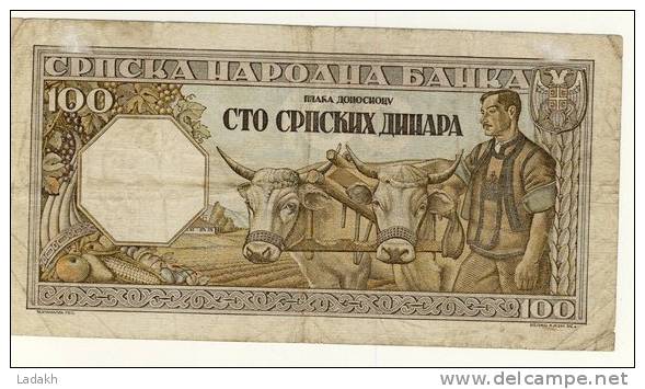 BILLET DE SERBIE # 100 DINARS  # CENT DINARS   # 1 ER JANVIER 1943  # - Serbia