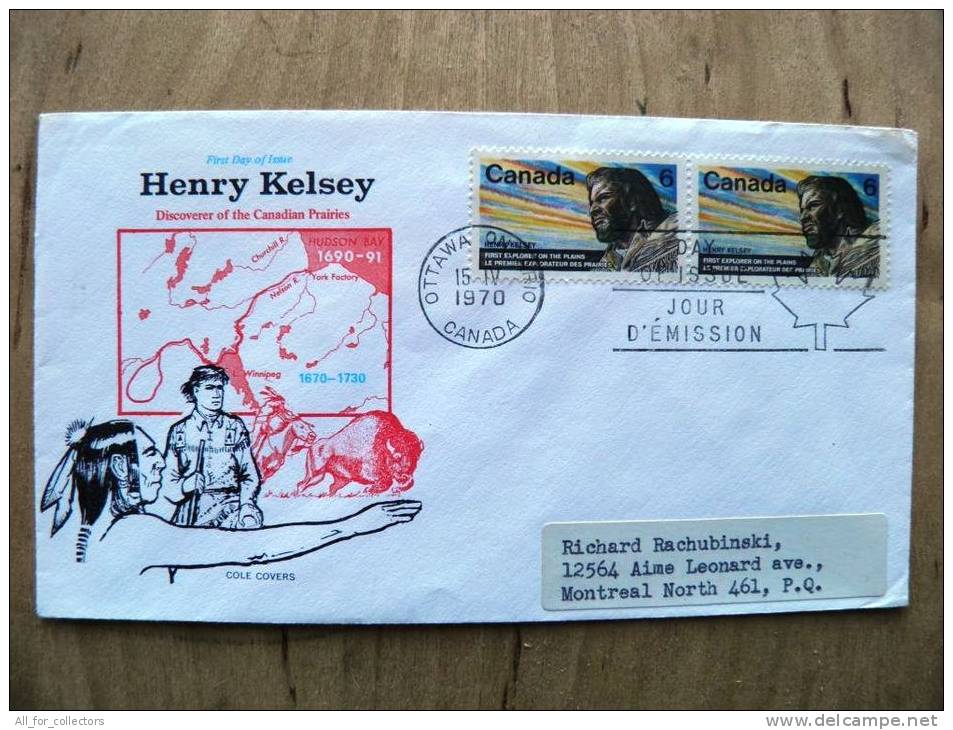 Cover Sent From Canada, Fdc Cancel 1970, Henry Kelsey First Explorer On The Plains, Map Injun - Gedenkausgaben