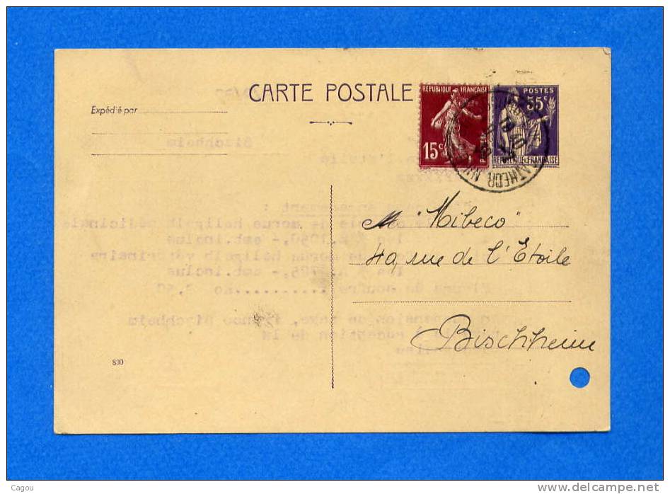 CARTE POSTALE PAIX 55c Violet  + Complément  à 15C Date 830 - Ct De STRASBOURG  CATHEDRALE -Repiquage DROGUERIE St MARC - Cartes Postales Repiquages (avant 1995)