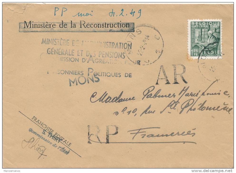 662/20 - Lettre Recommandée RP AR TP Exportation MONS 1949 - Franchise Totale , Sauf AR - 1948 Exportation