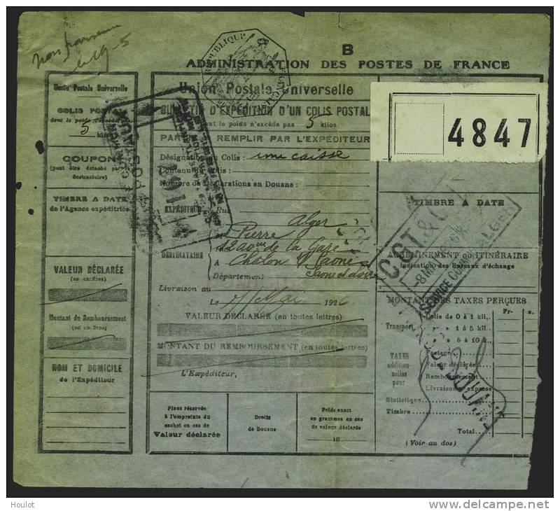 Bulletin D´un Colis Postal De 8 Mai 1926 De 5 Kilos, Sur Le Verso  Instructions A Donner Par L´Epediteur Voit Scans, - Parcel Post