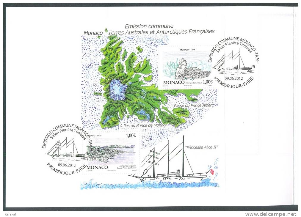 T20120609 Joint Issue Twin Issue Monaco TAAF Giant Petrel Kerguelen 2012 - Official Mixed Souvenir Card FDC - FDC