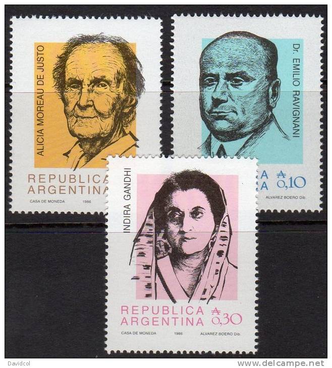 M836.-.ARGENTINIEN  / ARGENTINA  .-. 1986 . MI# : 1812-1814 .-. MNH -  INDIRA GANDHI, EMILIO RAVIGNANI AND ALICIA MORE - Unused Stamps