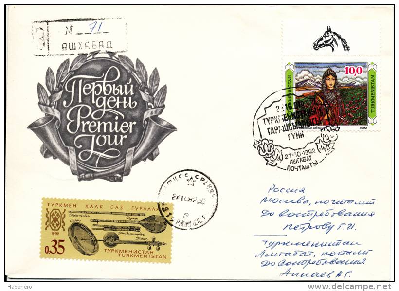 TURKMENISTAN - 1992 - Mi 5 + 10 - CULTURE OF TURKMENISTAN - COVER WITH SPECIAL CANCELLATION - Turkménistan