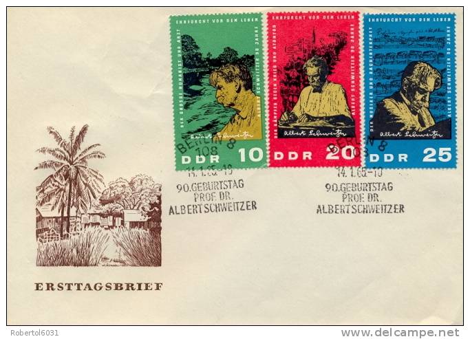 Germany DDR 1965 FDC 90th Anniversary Birthday Of Albert Schweitzer Nobel Prize For Peace 1952 - Albert Schweitzer