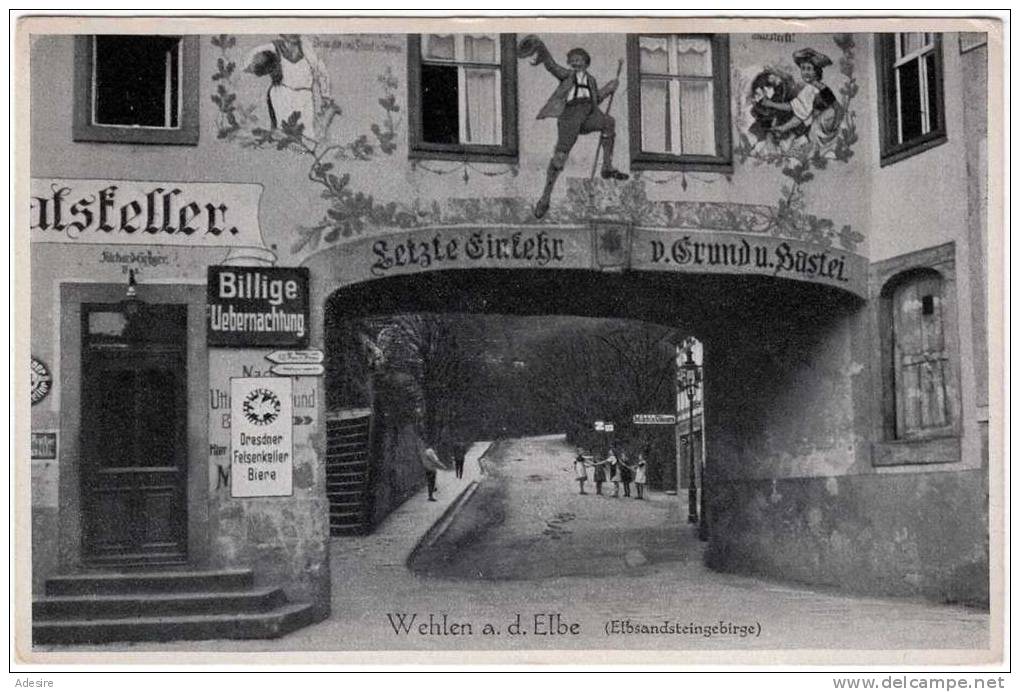 1915, WEHLEN A.d.Elbe (Elbe Sandstones), Cellar, Last Stop V.Grund U.Bastei, Publishing House Lane & Co, Greiz - Wehlen