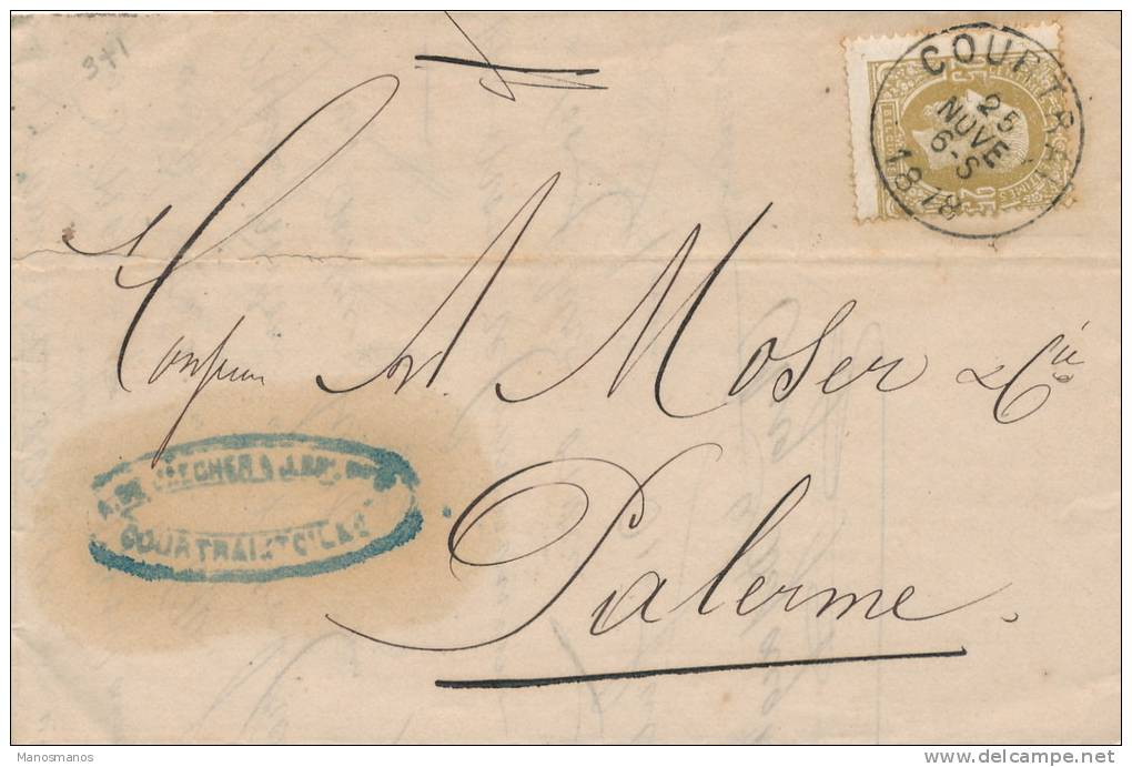 861/19 -  Lettre TP 32 COURTRAI 1878 Vers PALERME Sicile Via DC ITALIE OUEST 3 - Bureaux De Passage