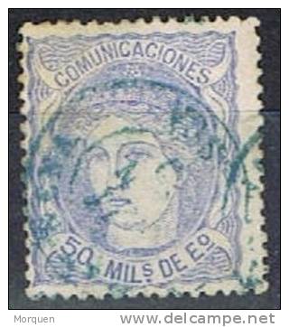 Sello 50 Mils Alegoria 1870, Fechador AZUL De SARIÑENA (Huesca), Num 107 º - Oblitérés