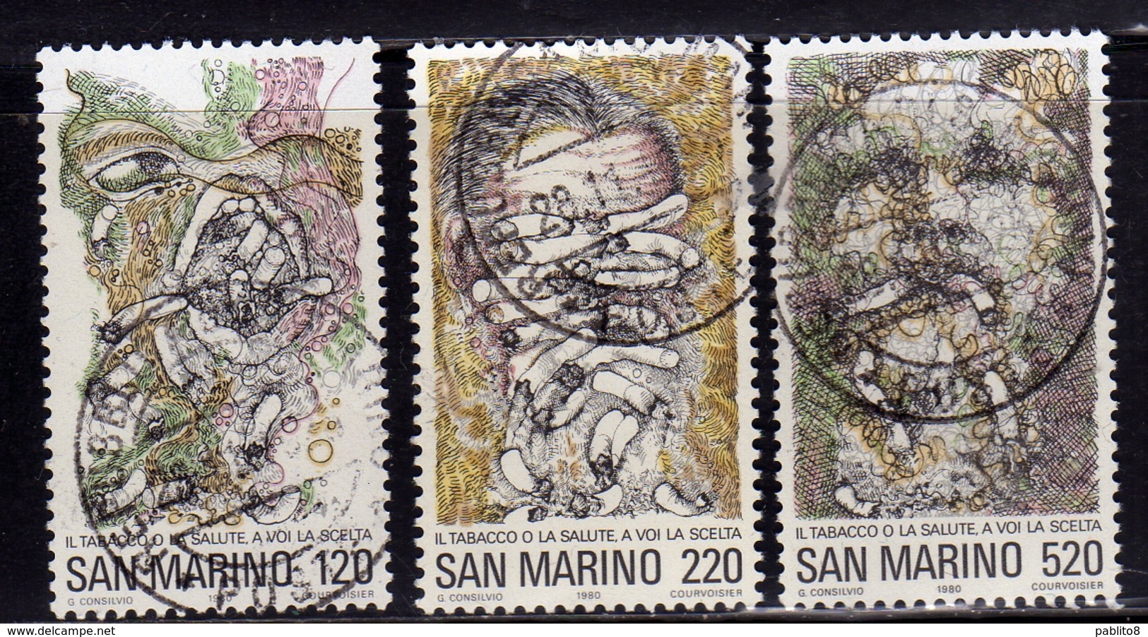 REPUBBLICA DI SAN MARINO 1980 LOTTA CONTRO IL TABACCO AGAINST TOBACCO SERIE COMPLETA COMPLETE SET USATA USED OBLITERE' - Oblitérés