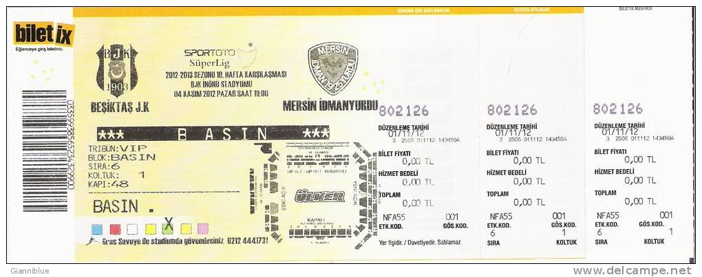 Besiktas-Mersin Idmanyurdu Turkey League Football Match Ticket - Eintrittskarten