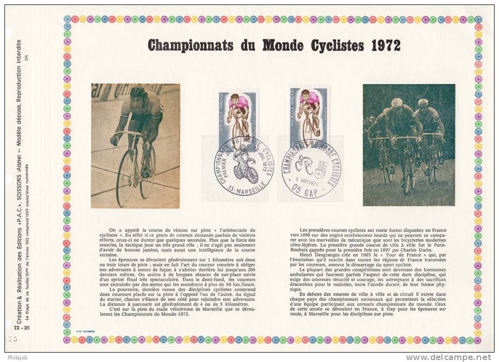 Tirage 1500 Ex : Feuillet PAC N°té De 1972 : " CHAMPIONNATS DU MONDE CYCLISTES ". 2 X N° YT 1724 TB état - Cyclisme