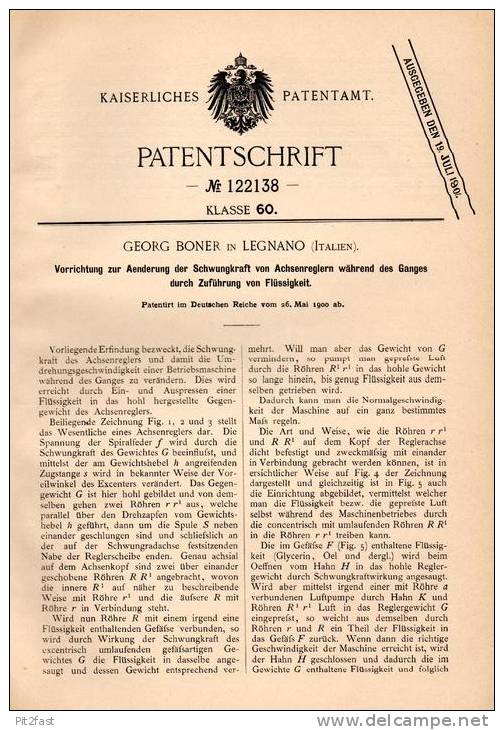 Original Patentschrift - Georg Boner In Legnano , Italia , 1900 , Controllore Per Macchine !!! - Legnano