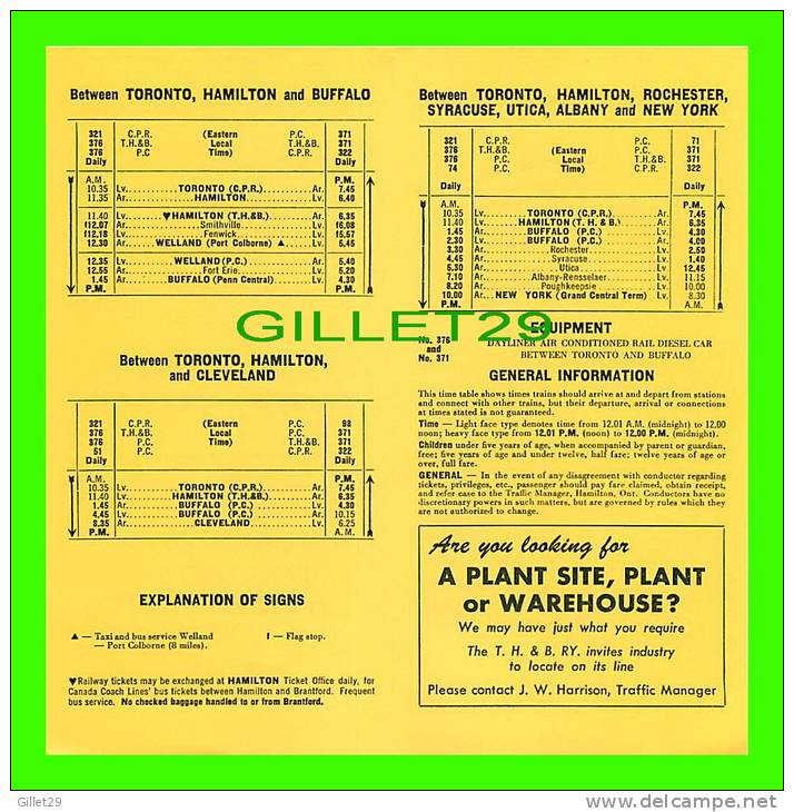 TIMETABLES, CANADA - TORONTO, HAMILTON & BUFFALO RAILWAY CO - PENN CENTRAL & C.P.R.. - OCTOBER 25, 1970 - - Welt