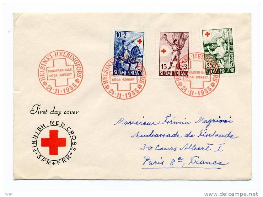 Enveloppe 1er Jour Datée De 1955 - CROIX ROUGE - Adressée à L'Ambassade De Finlande à Paris - Briefe U. Dokumente