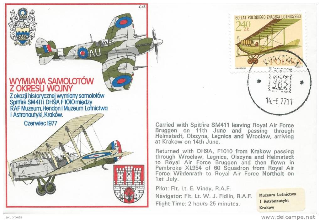 JUNE 1977. COMMEMORATIVE COVER EXCHANGE OF AIROPLANES  BETWEEN HENDON -KRAKOW - Flugzeuge