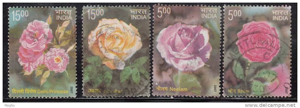 India Used 2007, Set Of 4, Roses, Flowers - Oblitérés