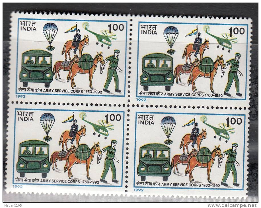 INDIA, 1992,  Army Service Corps, Block Of 4, Transport, Horse, Parachute, Helicopter,   MNH, (**) - Nuovi