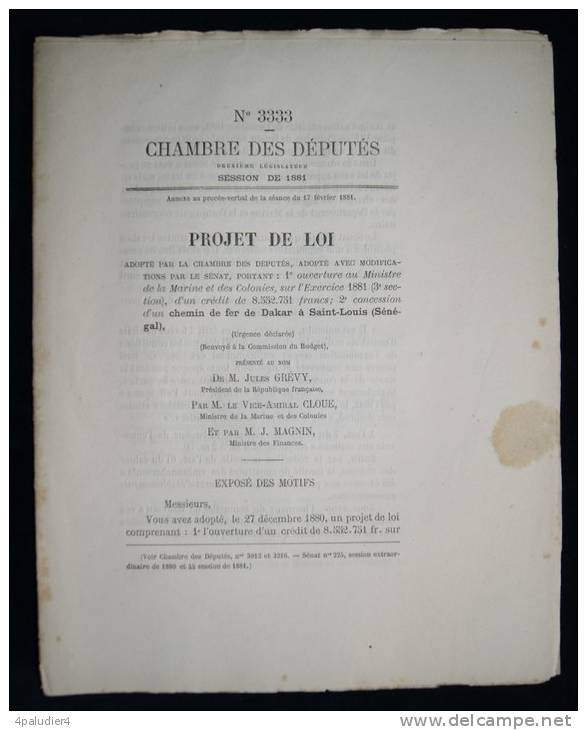 Chemins De Fer Concession Du Chemin De Fer De DAKAR à SAINT-LOUIS ( Sénégal) Cloué  1881 Projet De Loi - Railway & Tramway