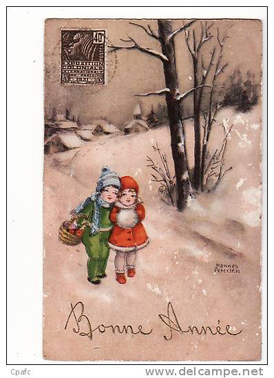 Carte 1920 Signée HANNES PETERSEN  :fillettes Sous La Neige - Petersen, Hannes