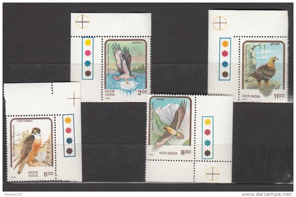 INDIA, 1992,  Birds Of Prey, Set Complete 4 V,  Traffic Lights, Eagle Falcon Osprey Lammergeier, MNH, (**) - Nuovi