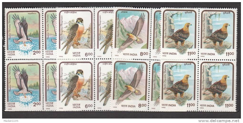 INDIA, 1992,  Birds Of Prey, Set 4 V,  Blocks Of 4, , MNH, (**) - Nuovi