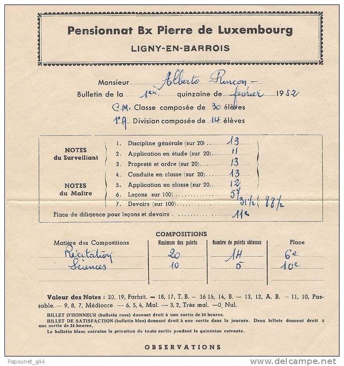 Lot De 9 Bulletins Scolaires 1952 Pensionnat Bx Pierre De Luxembourg ( Ligny - En - Barrois ) - Diploma's En Schoolrapporten