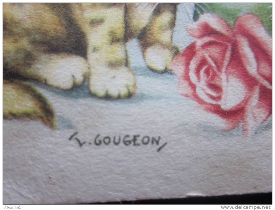 Illustrateur Signé Gougeon Carte Postale Chromo " Bonnes Fête -Voeux "trois Chats Chatons Arrosoir Et Roses - Gougeon