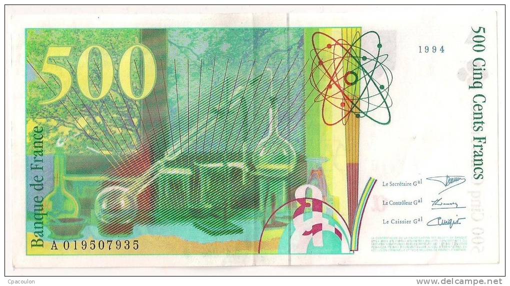 Billet 500 Francs Pierre Et Marie Curie 1994 état TTB [B008] - 500 F 1994-2000 ''Pierre Et Marie Curie''